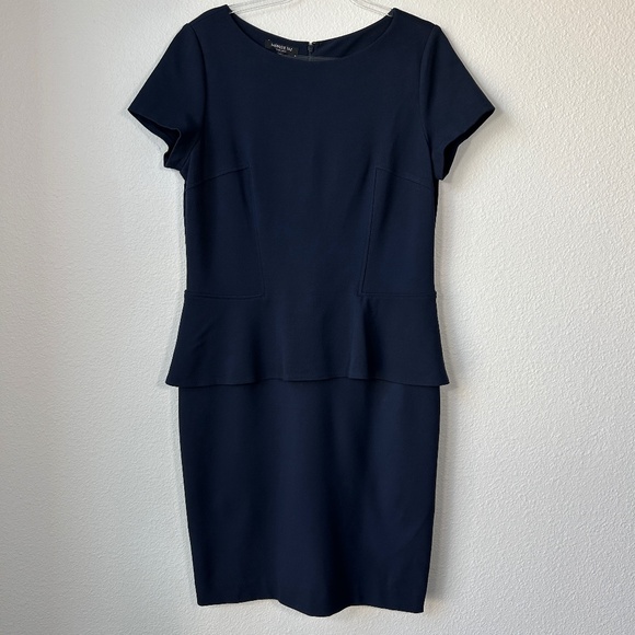 Lafayette 148 size 14 ponte knit peplum sheath dress navy short sleeve midi - Picture 1 of 11